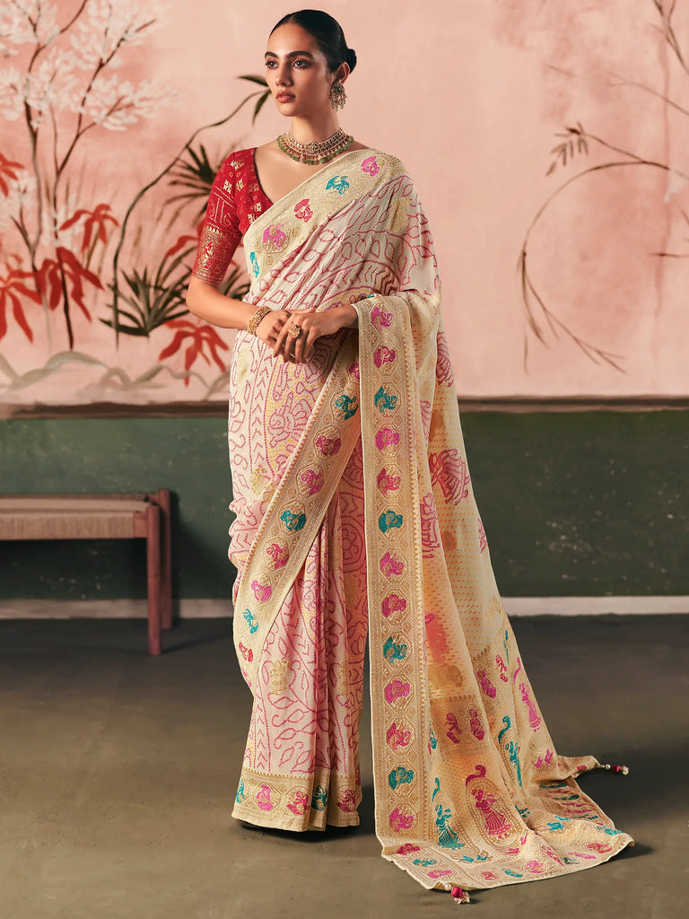 Wonderful Cream Weaving Work Silk Festival Wear Saree With Blouse