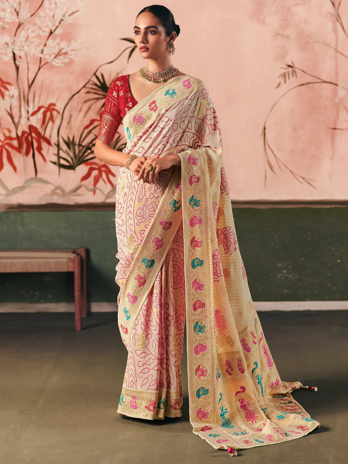 Wonderful Cream Weaving Work Silk Festival Wear Saree With Blouse