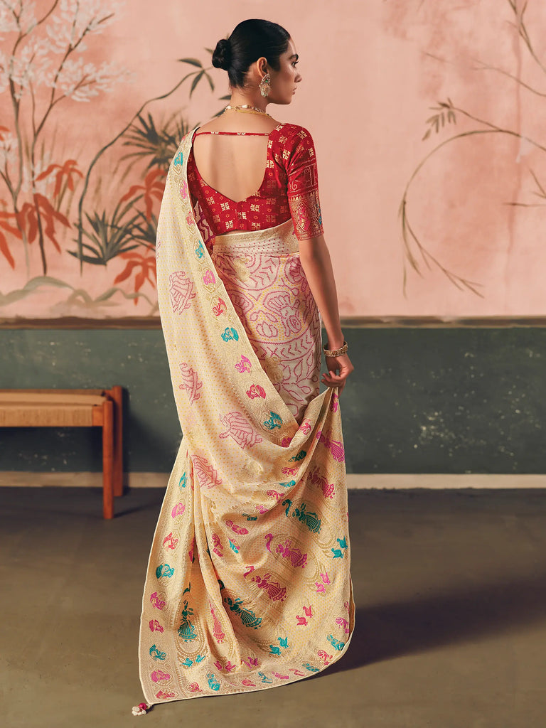 Wonderful Cream Weaving Work Silk Festival Wear Saree With Blouse