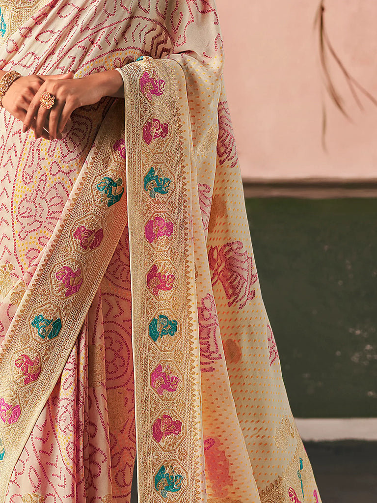 Wonderful Cream Weaving Work Silk Festival Wear Saree With Blouse