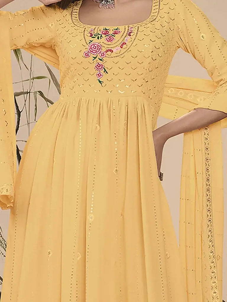 Splendid Yellow  Embroidery georgette Party Wear Palazzo Suit
