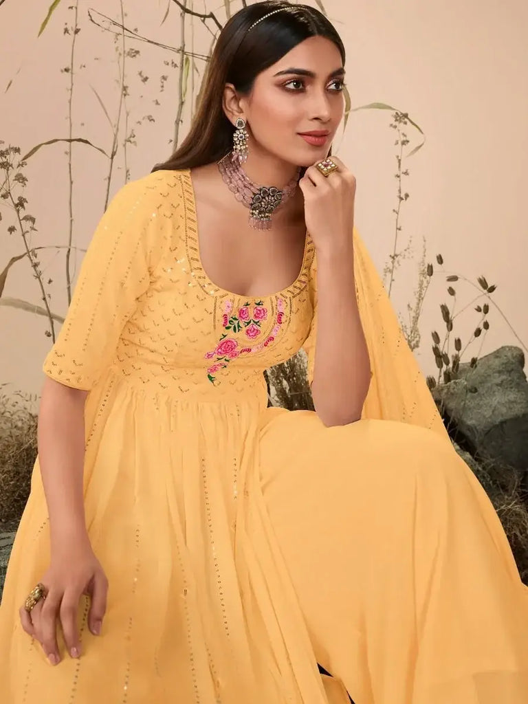 Splendid Yellow  Embroidery georgette Party Wear Palazzo Suit