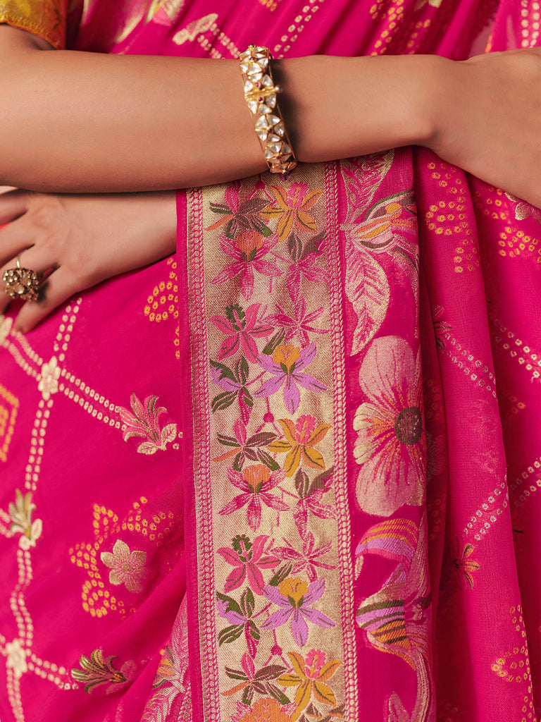 Stunning Pink Weaving Work Silk Wedding Wear Saree With Blouse