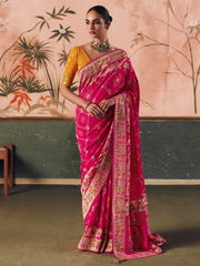 Stunning Pink Weaving Work Silk Wedding Wear Saree With Blouse