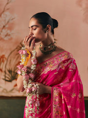 Stunning Pink Weaving Work Silk Wedding Wear Saree With Blouse