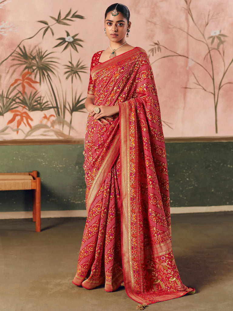 Gorgeous Red Weaving Work Silk Bridal Saree With Blouse
