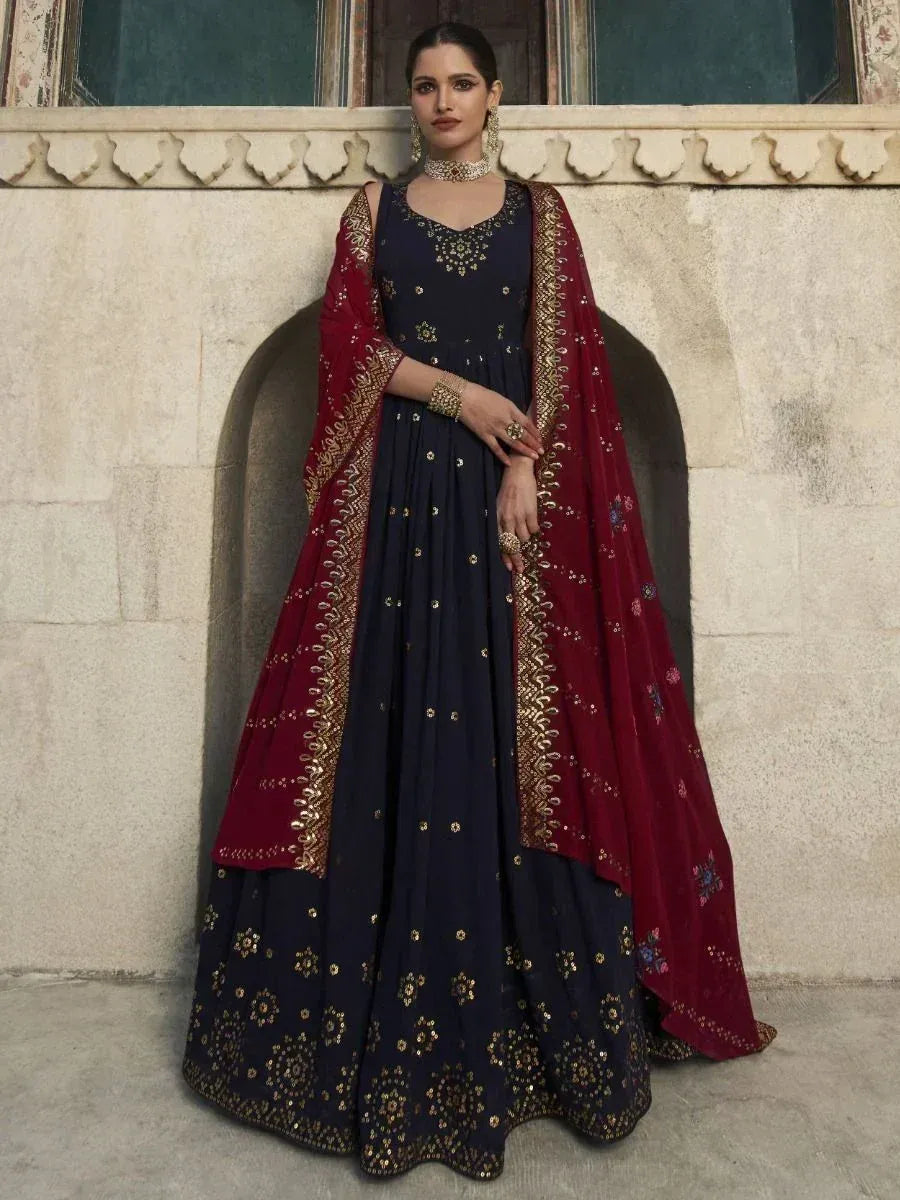 Navy blue embroidered lehenga choli with maroon dupatta, Indian ethnic wear for weddings and parties