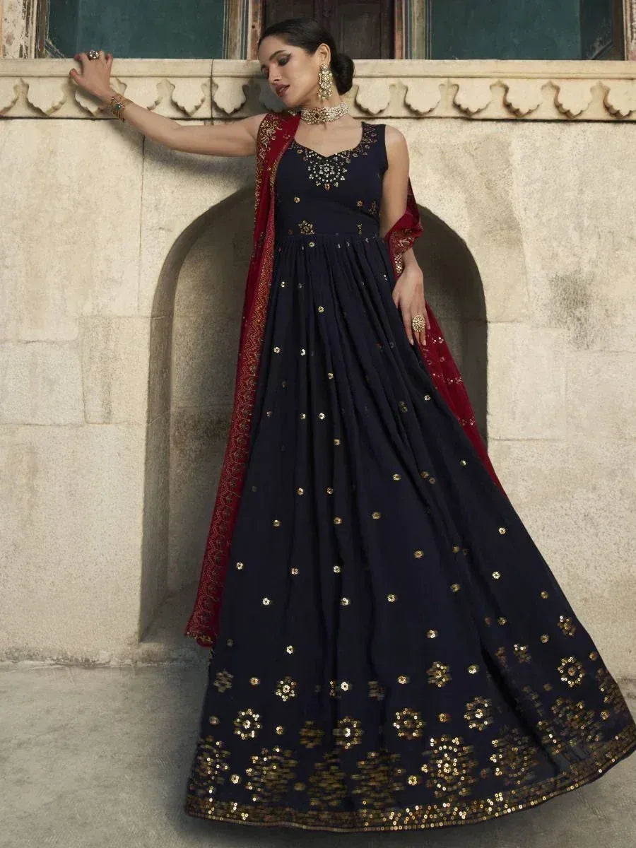 Navy blue embroidered anarkali gown with red dupatta, Indian ethnic wear for women
