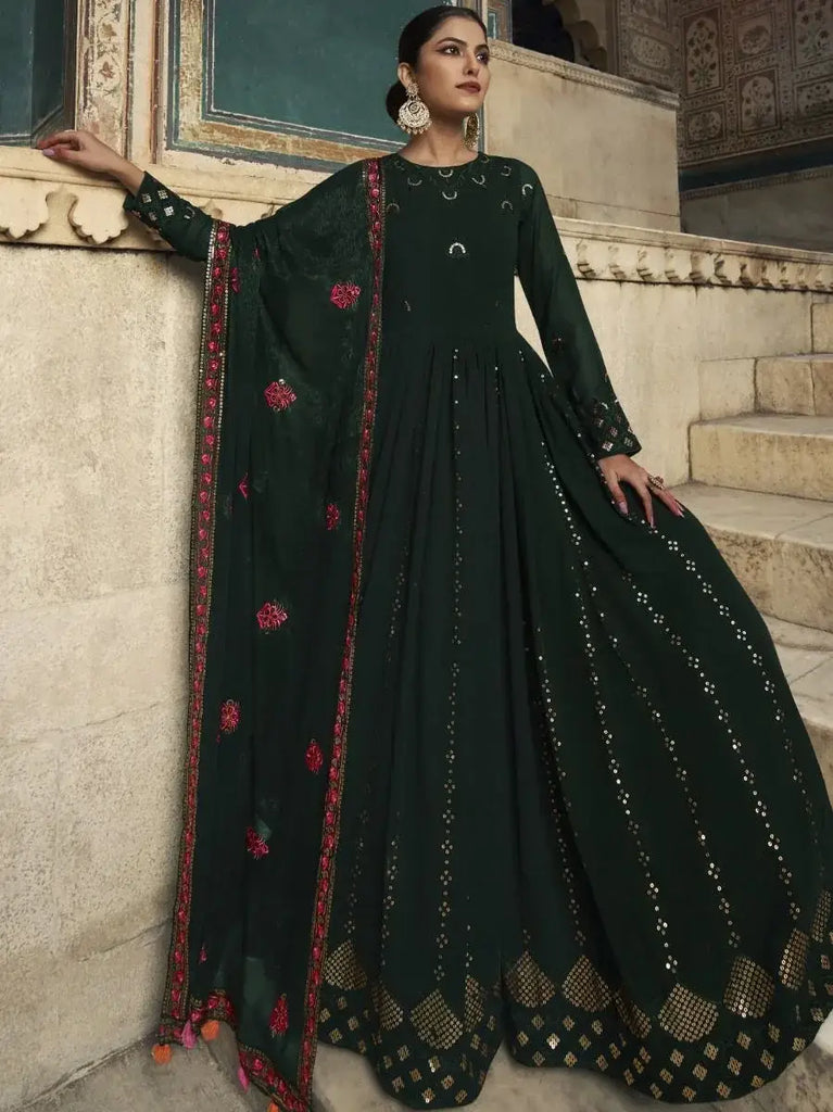 Seductive Dark-Green Sequined Georgette Wedding Wear Gown