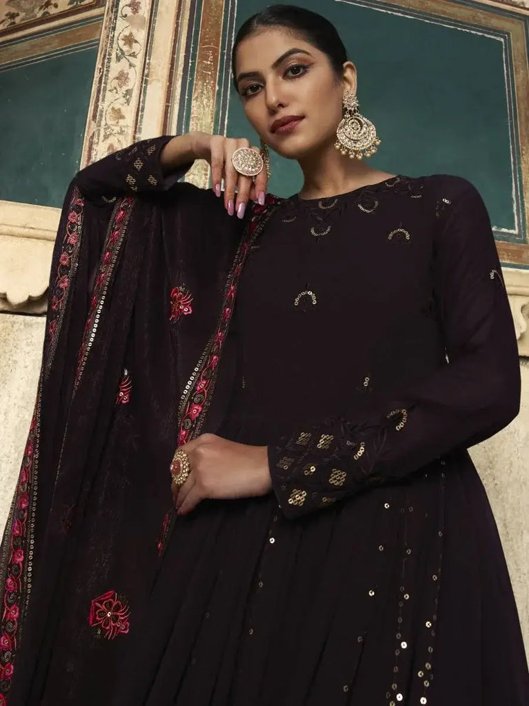 Ravishing Dark Purple Color Sequined Georgette Wedding Wear Gown