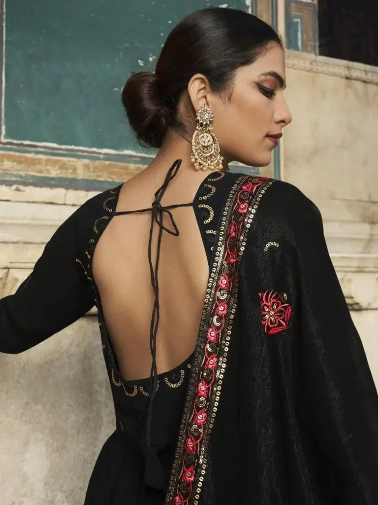 Winsome Black Sequined Embroidery Georgette Wedding Wear Gown