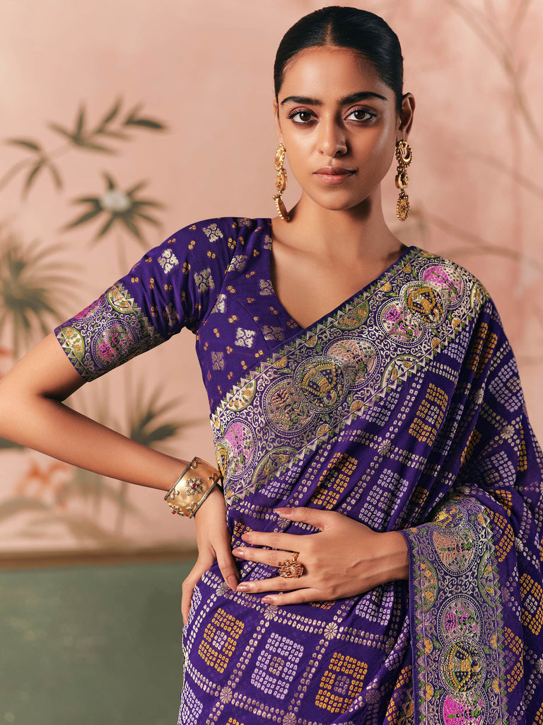Glamorous Purple Weaving Work Silk Bridesmaid Saree With Blouse