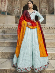 Desirable Sky Blue Sequines Georgtte Party Wear Gown With Dupatta