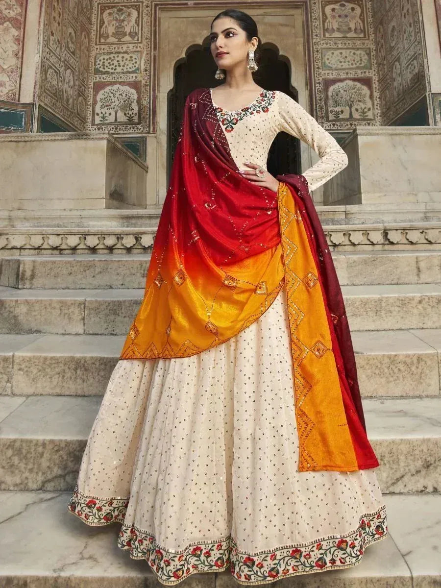 Cream embroidered lehenga choli with red-orange dupatta, Indian ethnic wear for weddings and festivals