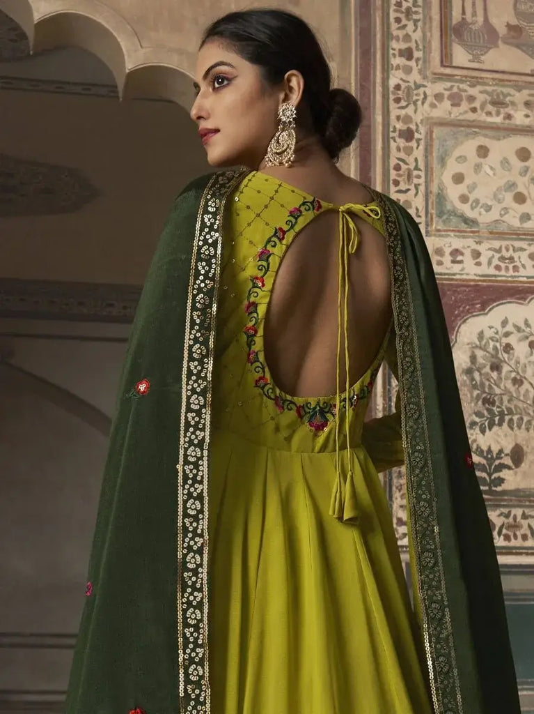 Fascinating Lime-green Sequined Georgette Readymade Festive Gown With Dupatta