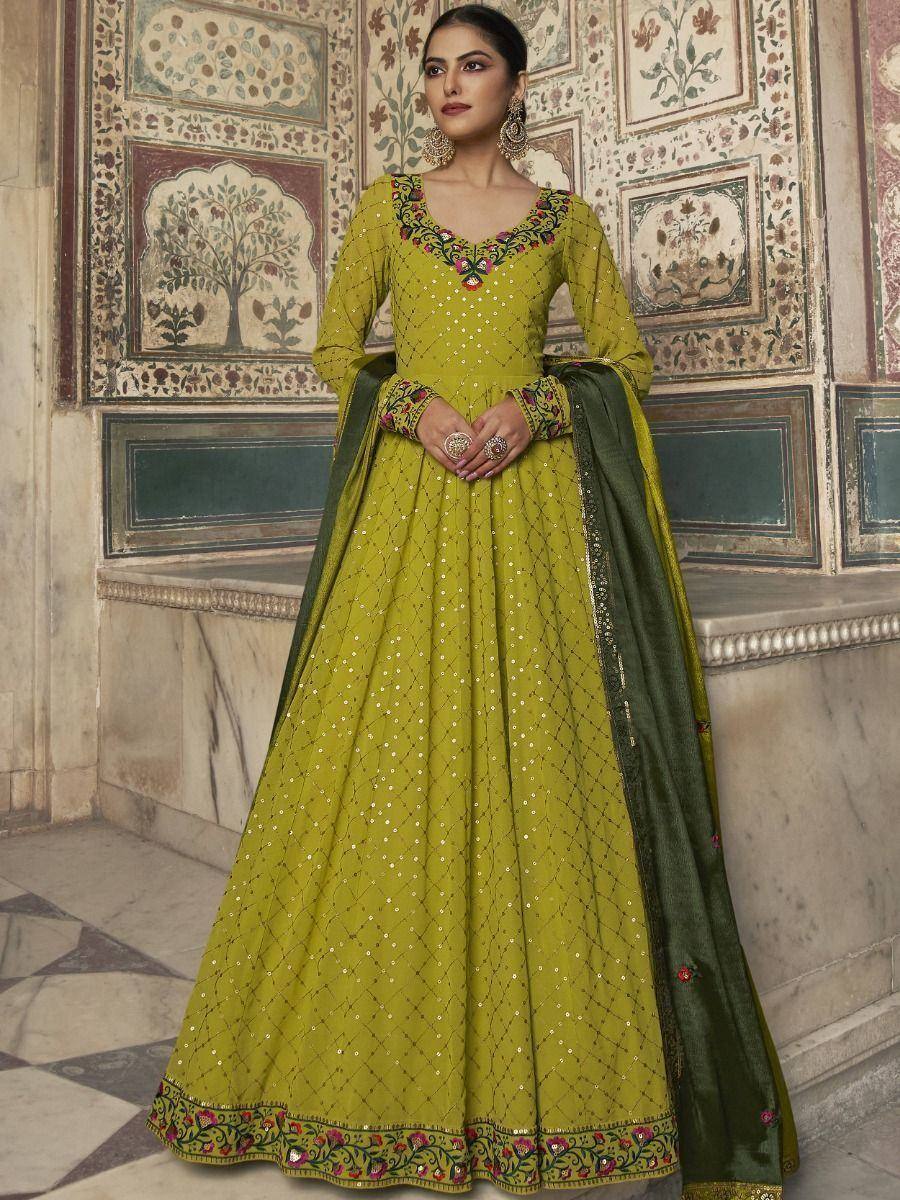 Olive green embroidered anarkali suit with sequins and floral detailing, perfect for Indian ethnic occasions