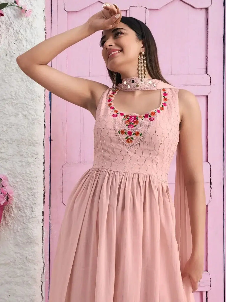 Spectacular Peach Sequins Work Georgette Event Wear Palazzo Suit