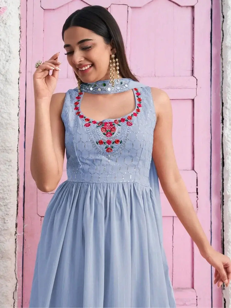 Wonderful Sky Blue Sequins Georgette Festival Wear Palazzo Suit