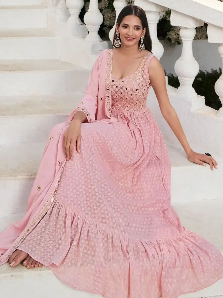Fascinating Pink Mirror Work Georgette Sangeet Wear Salwar Kameez