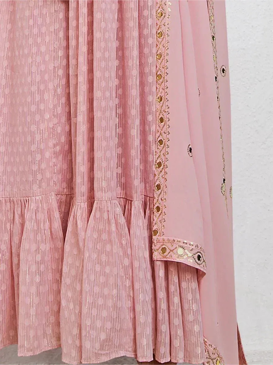Pink designer lehenga with sequin polka dots and mirror work dupatta border