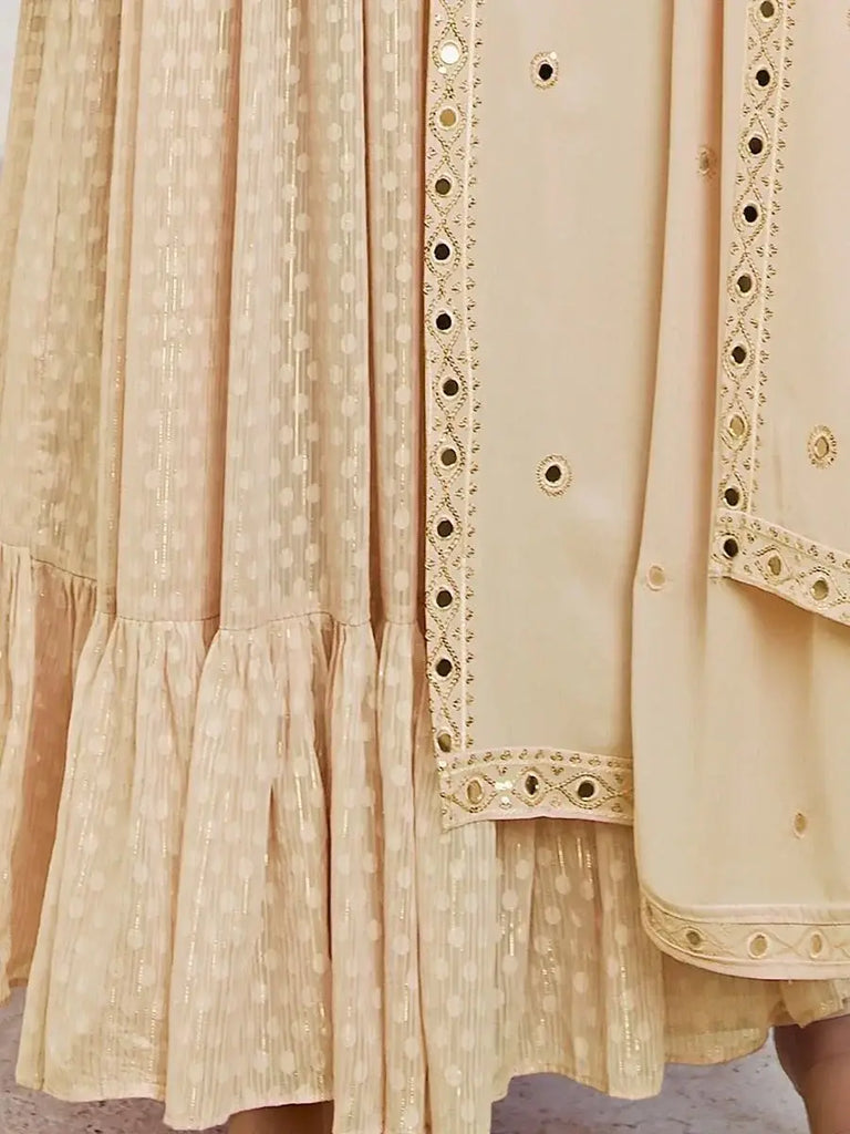 Mesmerizing Beige Mirror Work Georgette Reception Wear Salwar Suit