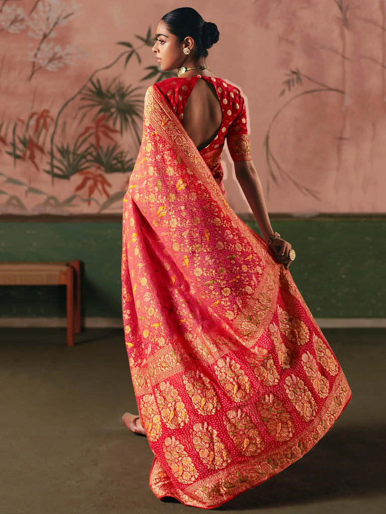 Enchanting Coral Red Weaving Work Silk Festive Wear Saree With Blouse
