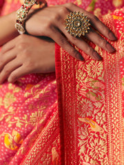 Enchanting Coral Red Weaving Work Silk Festive Wear Saree With Blouse