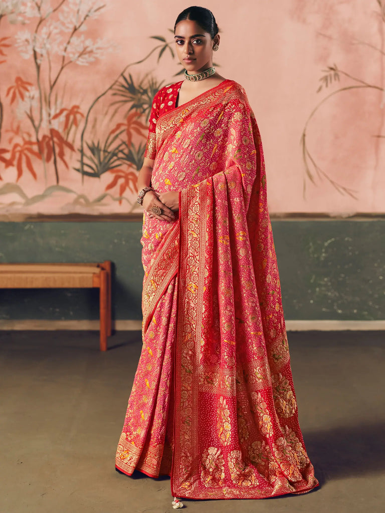 Enchanting Coral Red Weaving Work Silk Festive Wear Saree With Blouse