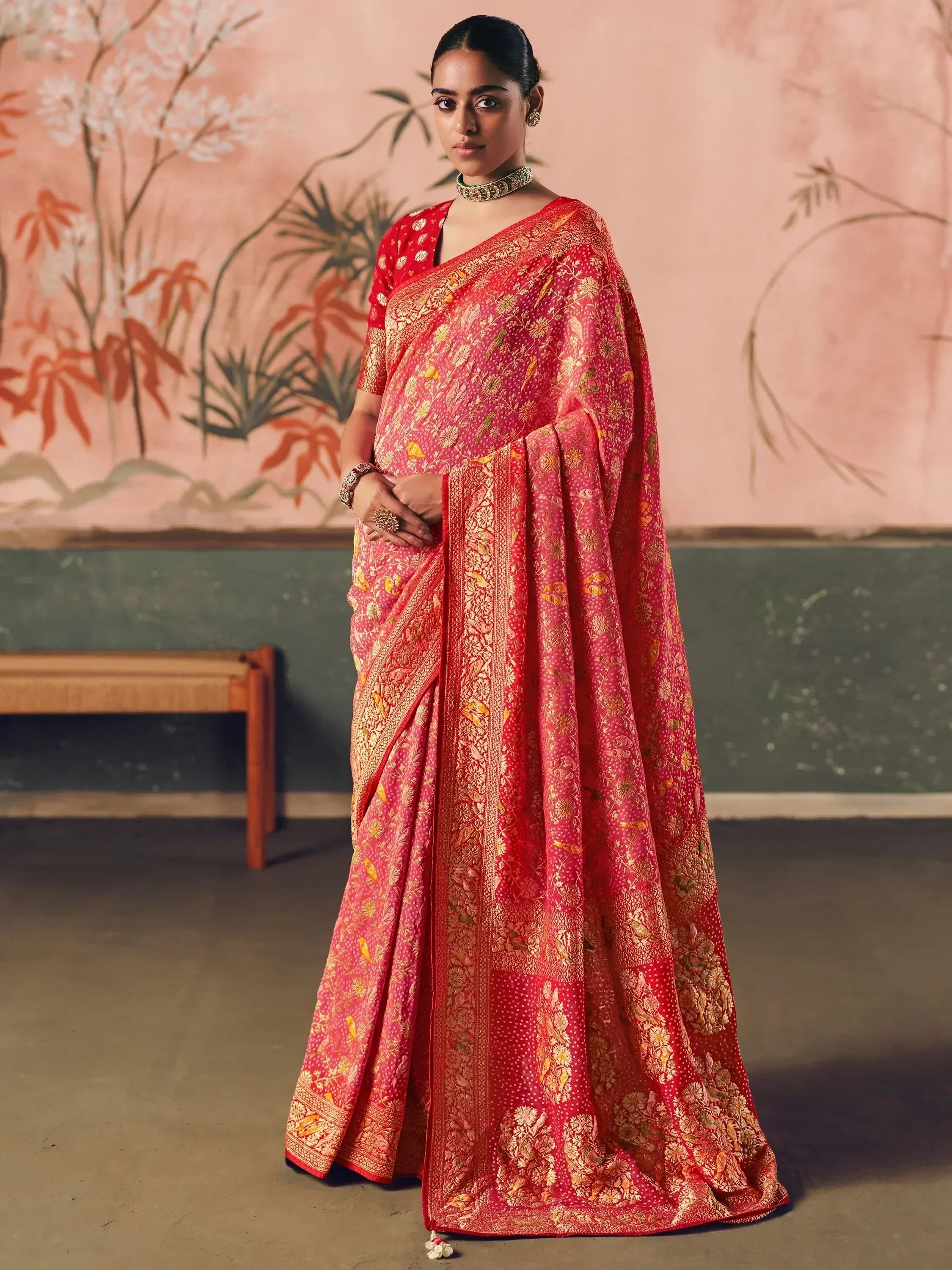 Enchanting Coral Red Weaving Work Silk Festive Wear Saree With Blouse