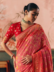 Enchanting Coral Red Weaving Work Silk Festive Wear Saree With Blouse
