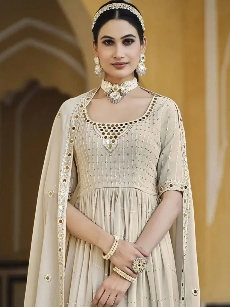 Fascinating Off-White Sequines Georgette Festival Wear Palazzo Suit