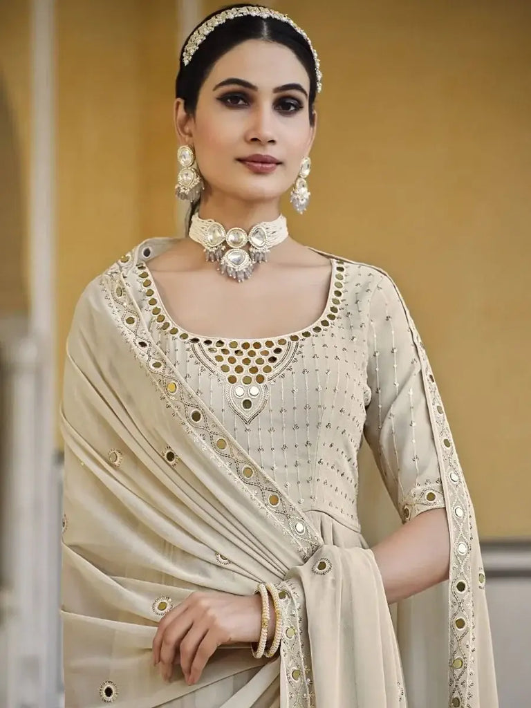 Fascinating Off-White Sequines Georgette Festival Wear Palazzo Suit