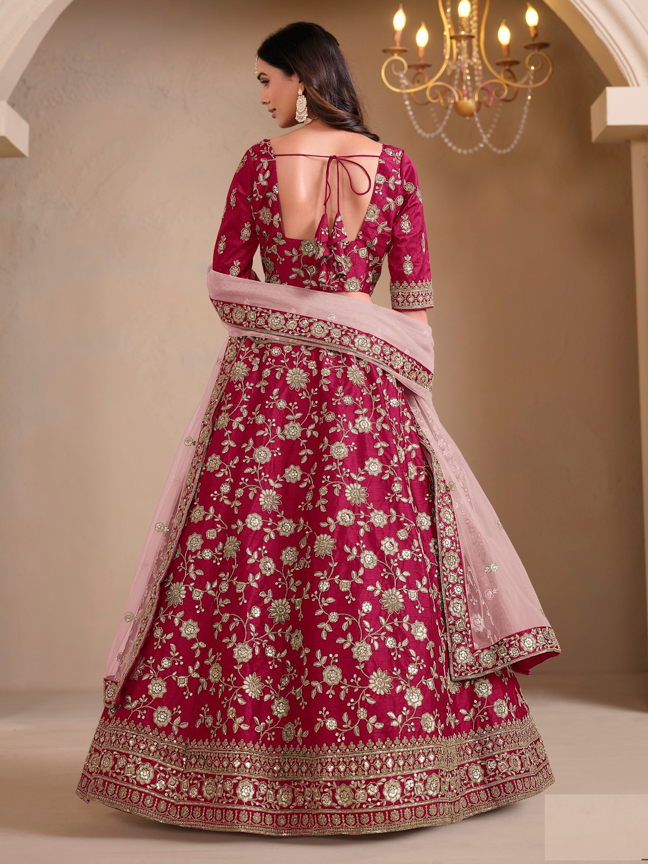 Glamours Pink Embroidered Silk Reception Wear Lehenga Choli With Dupatta
