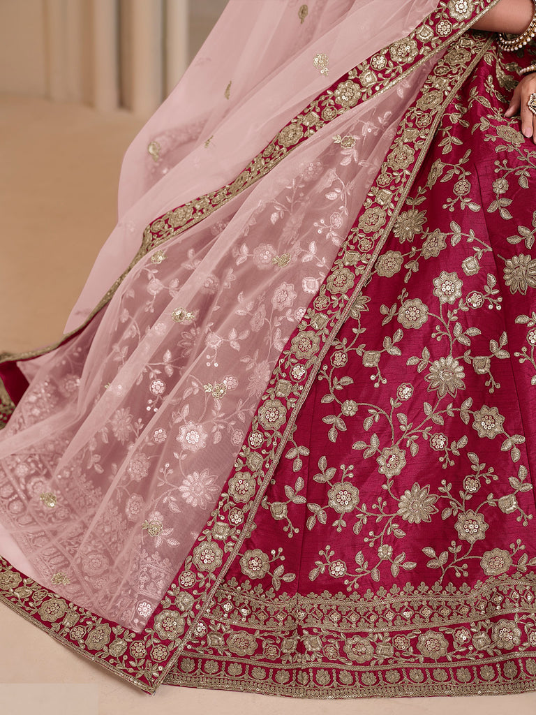 Glamours Pink Embroidered Silk Reception Wear Lehenga Choli With Dupatta