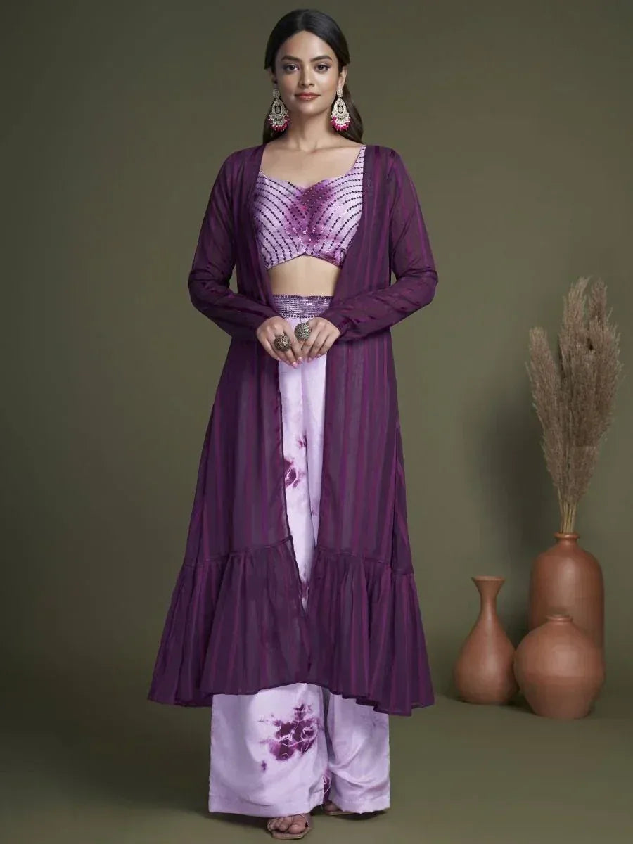 Purple sequin crop top with tie-dye palazzo pants and sheer overlay, Indian ethnic wear