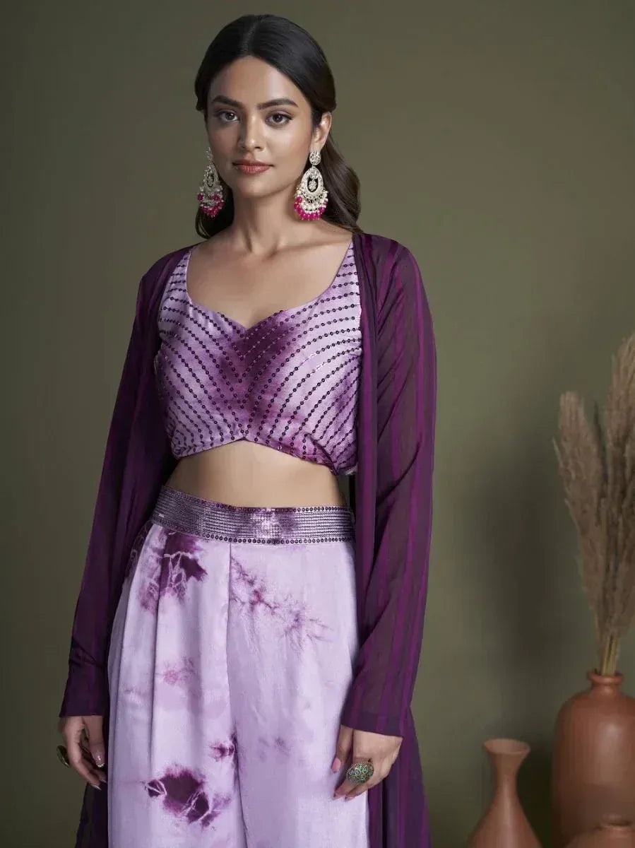 Purple sequin crop top with tie-dye palazzo pants and sheer jacket, Indian ethnic wear