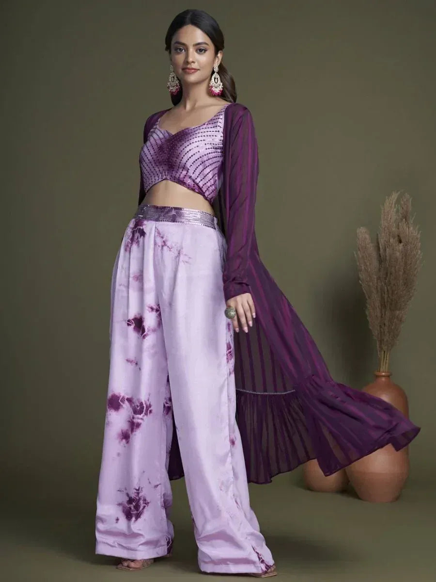Purple tie-dye palazzo pants with sequin crop top and sheer jacket, ethnic wear for women