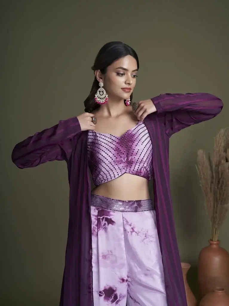 Captivating Lavender Shibori Printed Silk Ready-Made Crop Top Palazzo