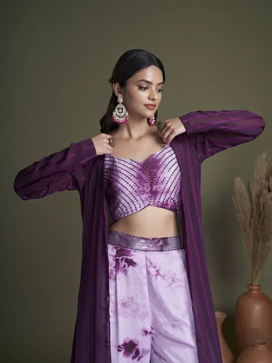 Purple sequin crop top with tie-dye palazzo and sheer jacket, ethnic wear for women