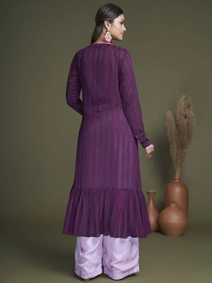 Purple striped ethnic kurta with ruffle hem paired with palazzo pants, ideal for Indian wear