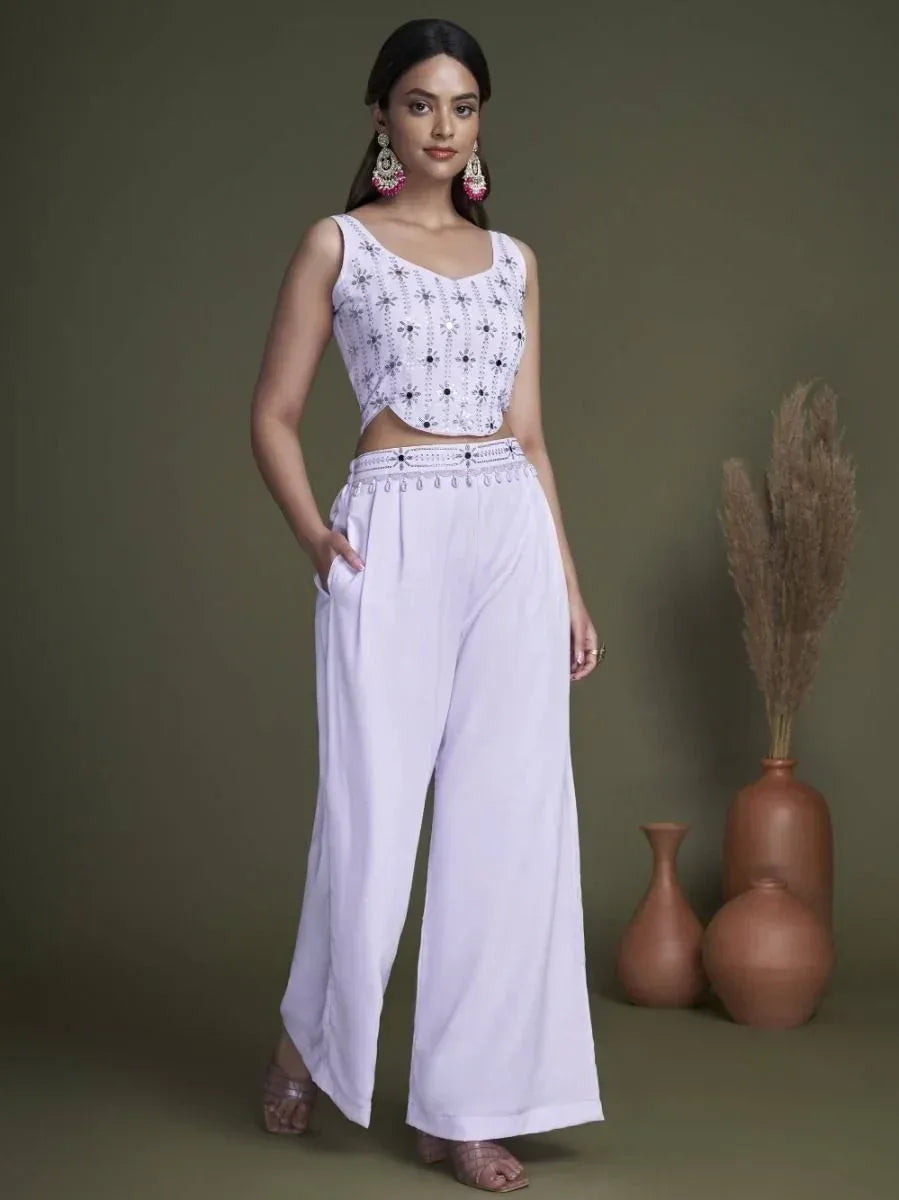 White embroidered crop top with wide-leg palazzo pants, ethnic Indian wear for women