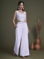 Alluring Lavender Georgette Ready-Made Crop Top Palazzo With Jacket