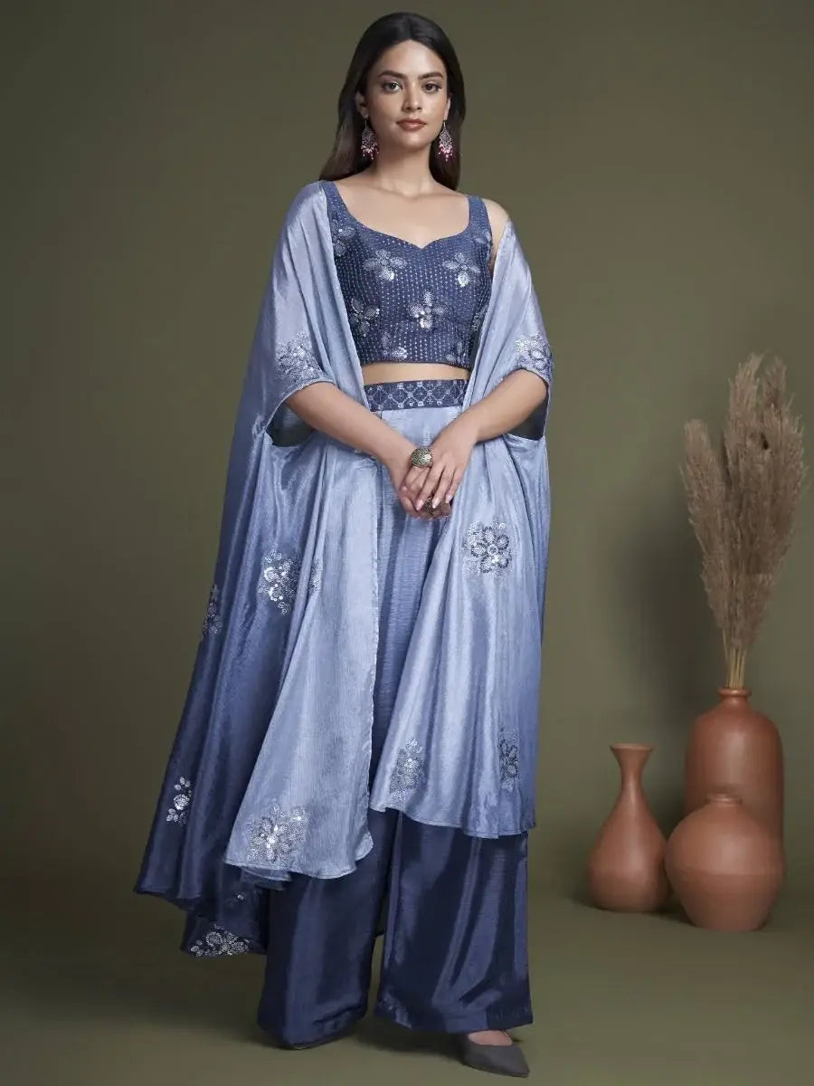 Prodigious Blue Chinon Ready-Made Crop Top Palazzo With Shrug