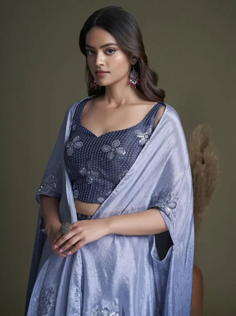 Prodigious Blue Chinon Ready-Made Crop Top Palazzo With Shrug