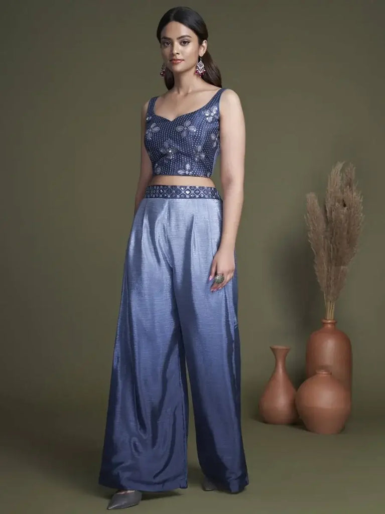 Prodigious Blue Chinon Ready-Made Crop Top Palazzo With Shrug