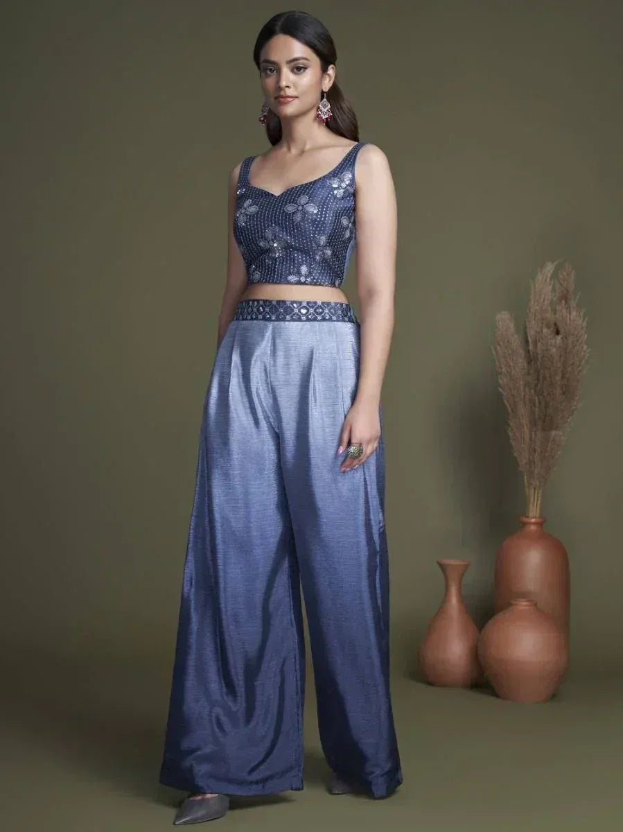 Blue embroidered crop top with wide-leg palazzo pants, Indian ethnic wear for women