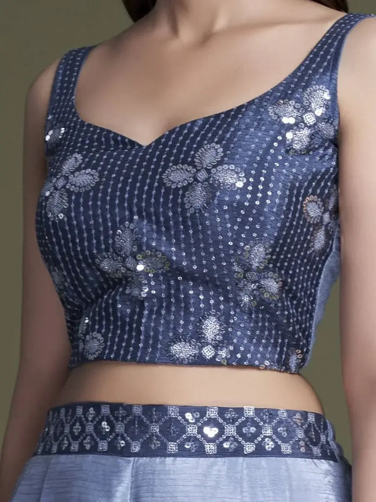 Prodigious Blue Chinon Ready-Made Crop Top Palazzo With Shrug