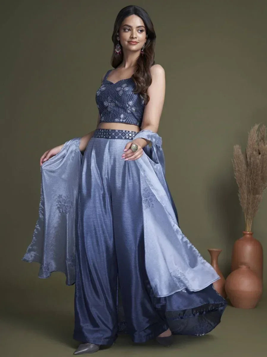 Blue embroidered lehenga choli with flared palazzo pants, perfect for Indian ethnic occasions