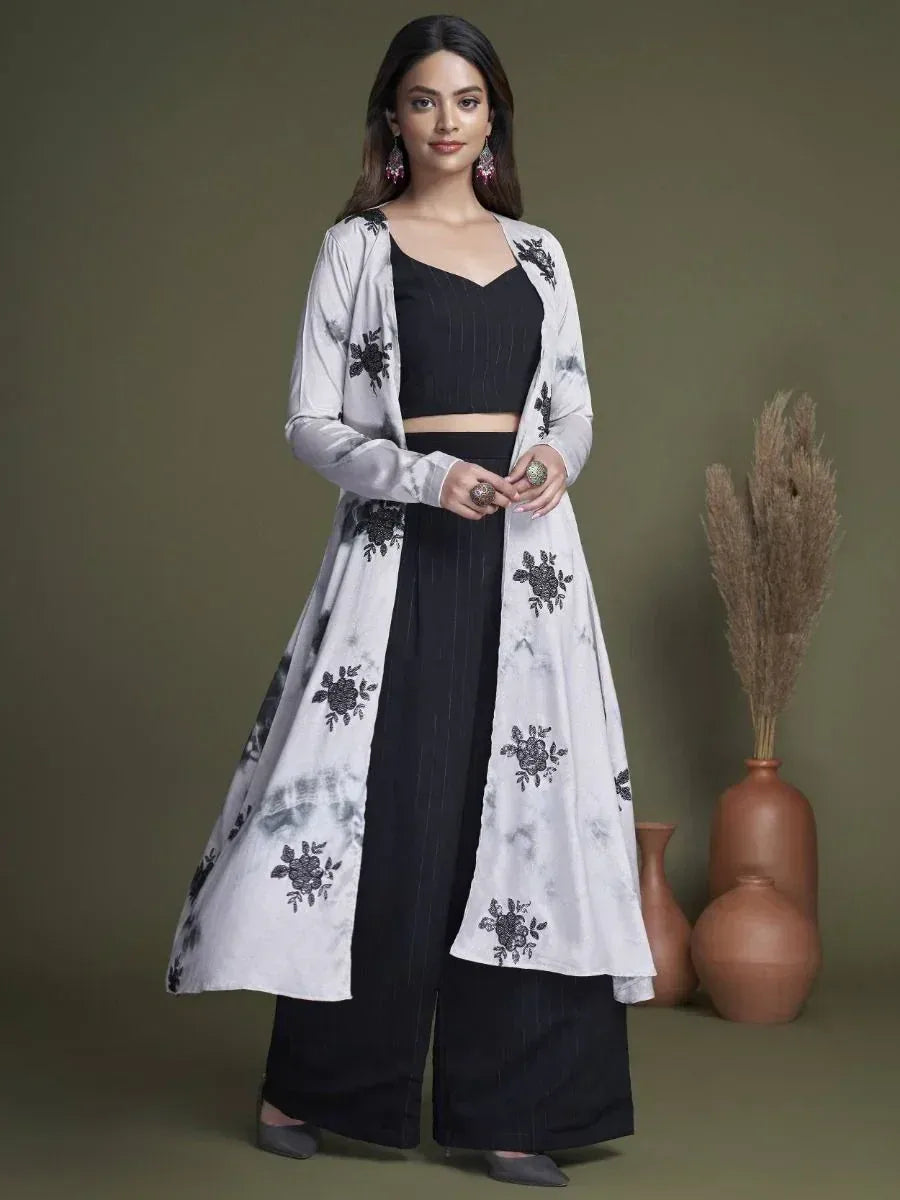 Black striped palazzo with white floral embroidered jacket, Indian ethnic wear