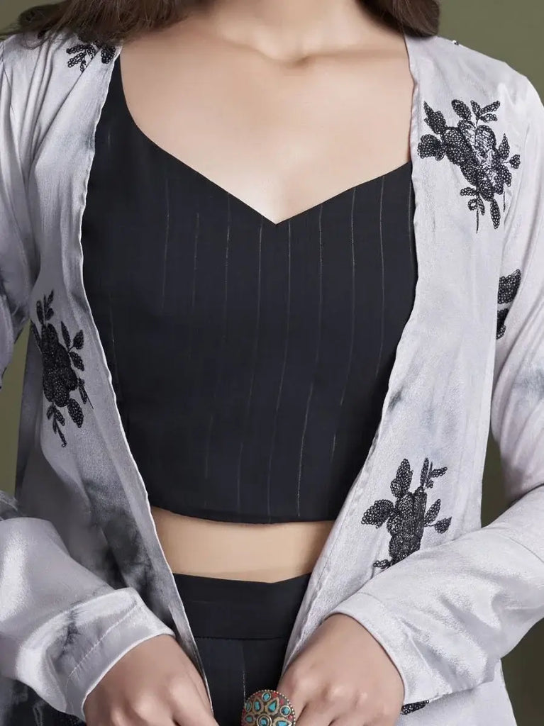 Marvelous Black Plain Silk Ready-Made Crop Top Palazzo With Jacket